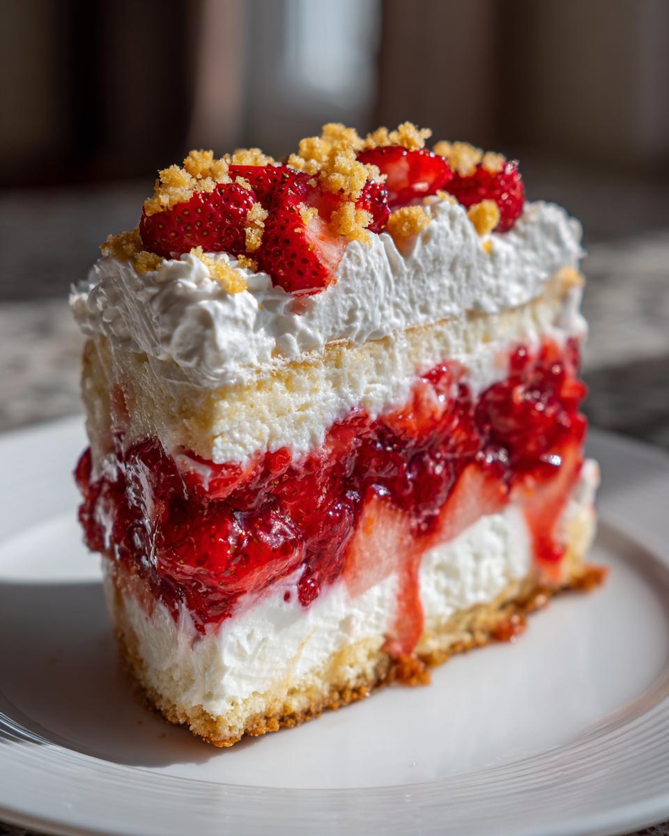 A tall slice of strawberry shortcake cheesecake featuring layers of cake, cream, and strawberry filling.