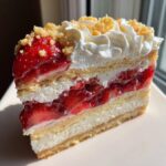 Close-up of a layered slice of strawberry shortcake cheesecake with whipped cream and crumble topping.