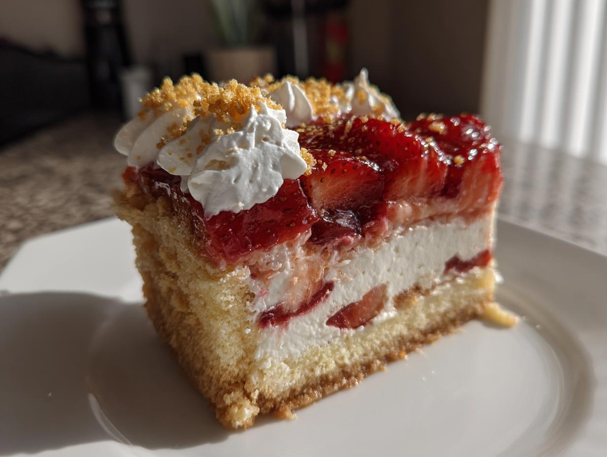 A single, tall slice of strawberry shortcake cheesecake with layers of cake, cream cheese filling, and glazed strawberries.