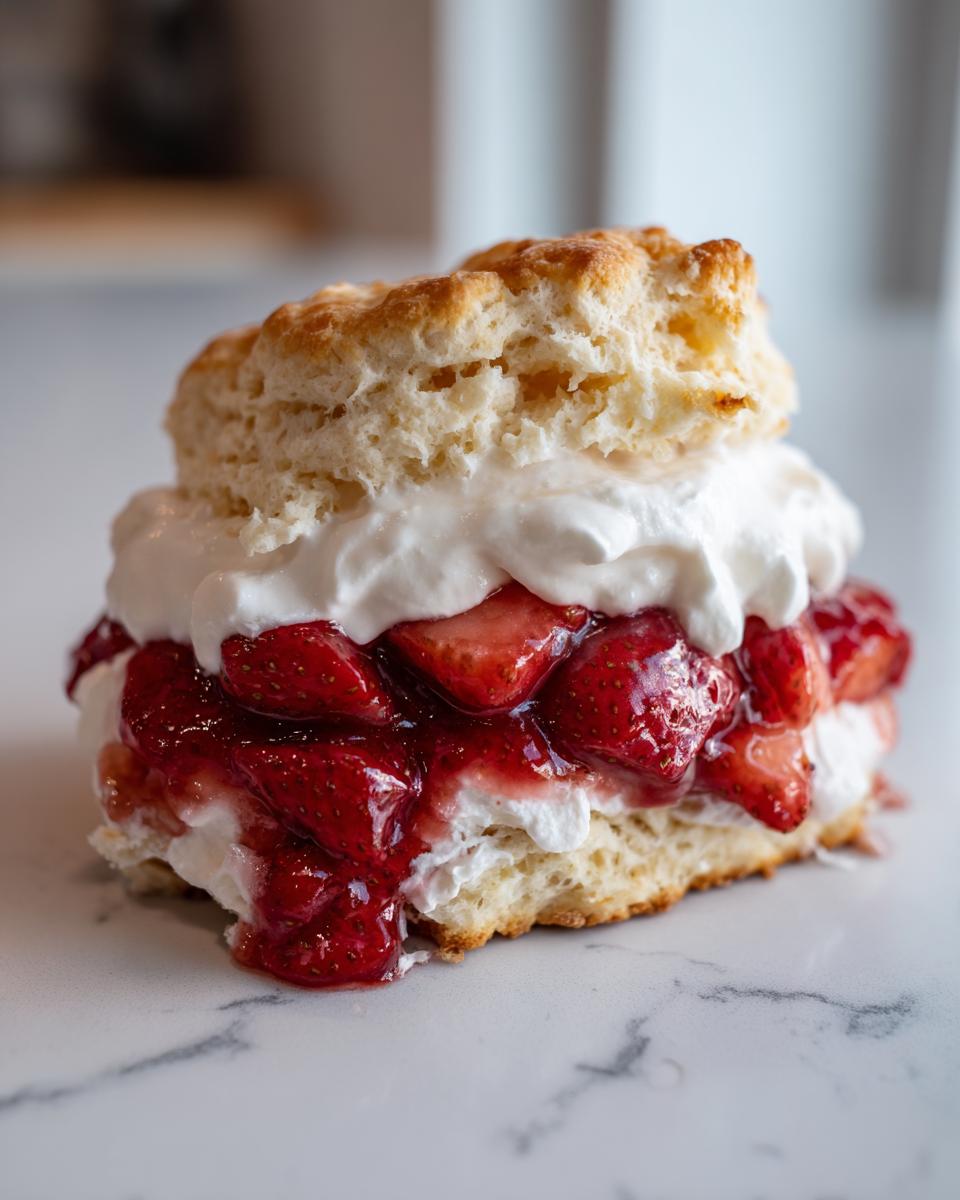 A close-up view of a homemade strawberry shortcake layered with biscuit, macerated strawberries, and whipped cream.