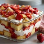 Close-up of a layered strawberry shortcake trifle in a clear glass dish, featuring cake cubes, whipped cream, and fresh strawberries.