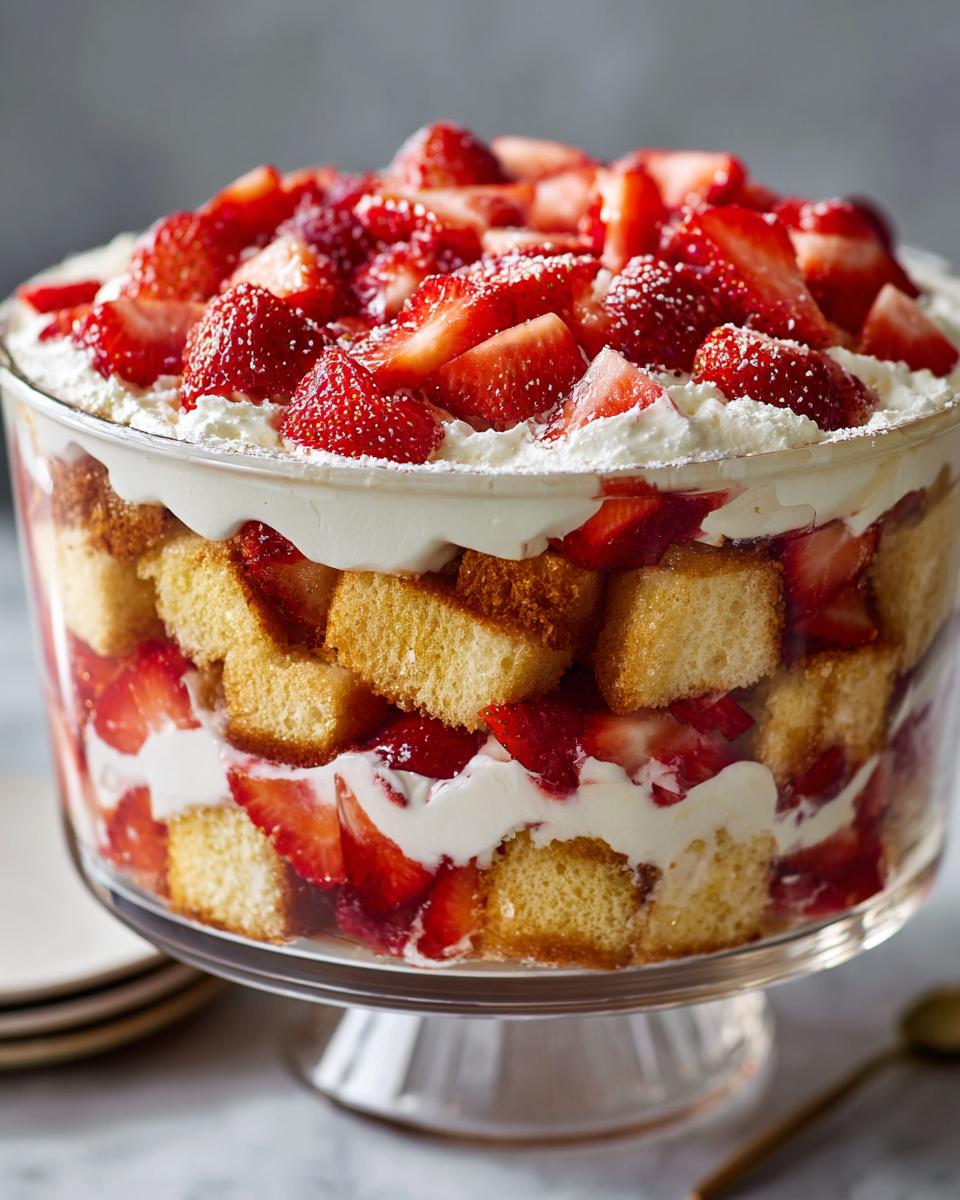 A stunning strawberry shortcake trifle layered with cake cubes, whipped cream, and fresh strawberries in a clear glass pedestal bowl.