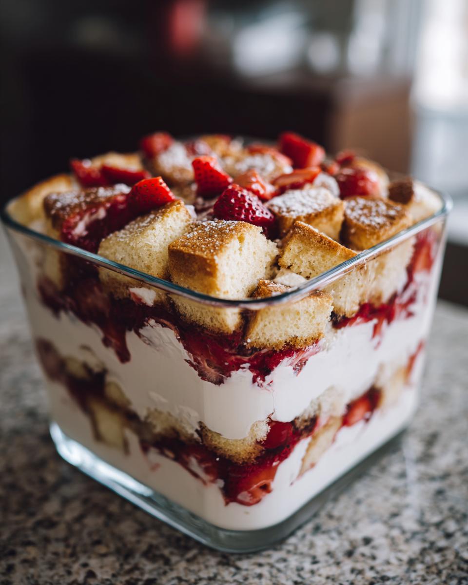 Close-up of a layered strawberry shortcake trifle featuring cake cubes, whipped cream, and strawberries in a square glass dish.
