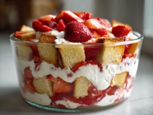 Close-up of a layered strawberry shortcake trifle featuring cake cubes, whipped cream, and fresh strawberries in a clear glass bowl.