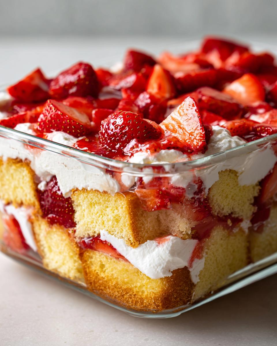Layers of pound cake, whipped cream, and macerated strawberries in a glass dish, making a strawberry shortcake trifle.