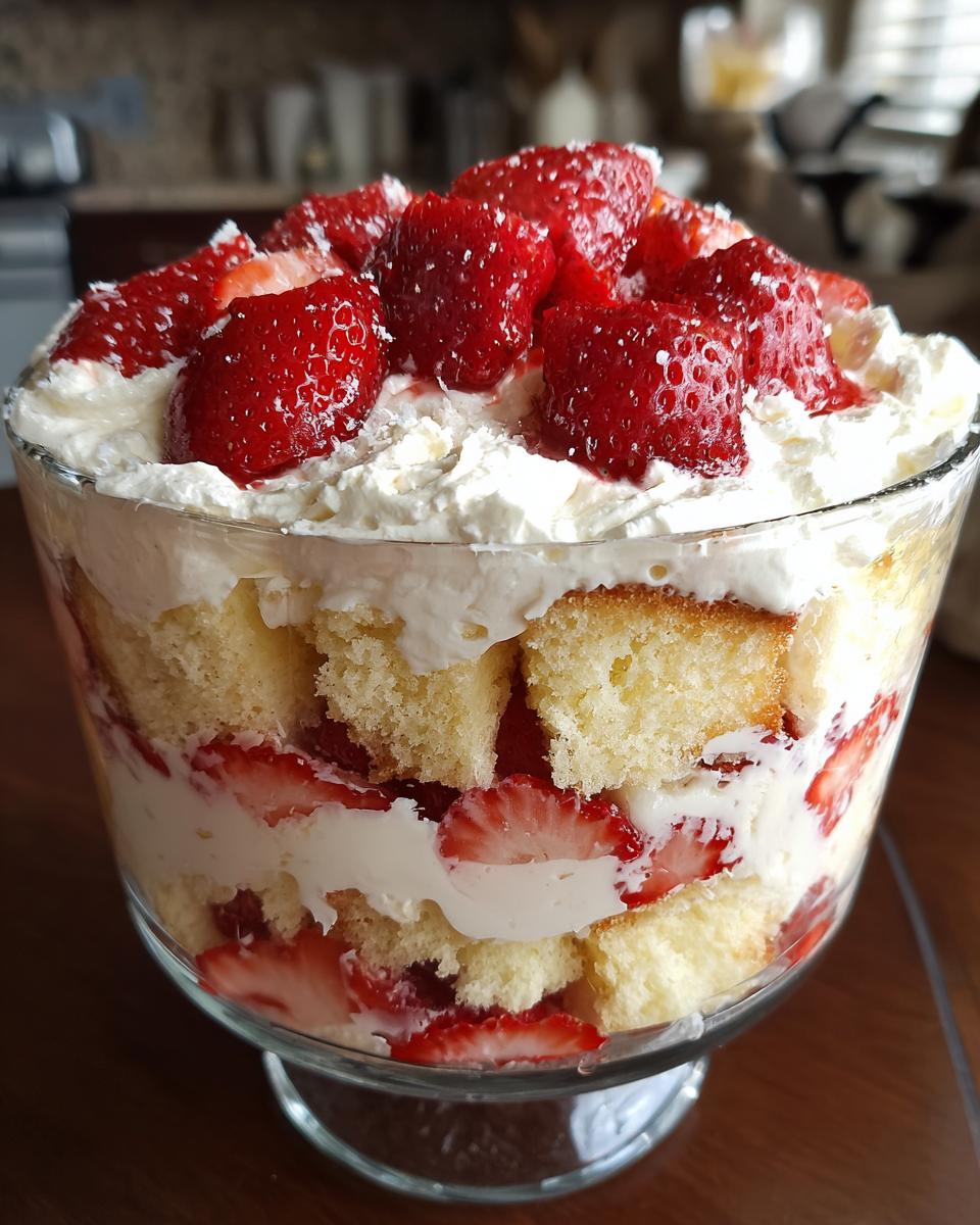 Close-up of a layered strawberry shortcake trifle featuring cake cubes, whipped cream, and fresh strawberries in a glass serving bowl.