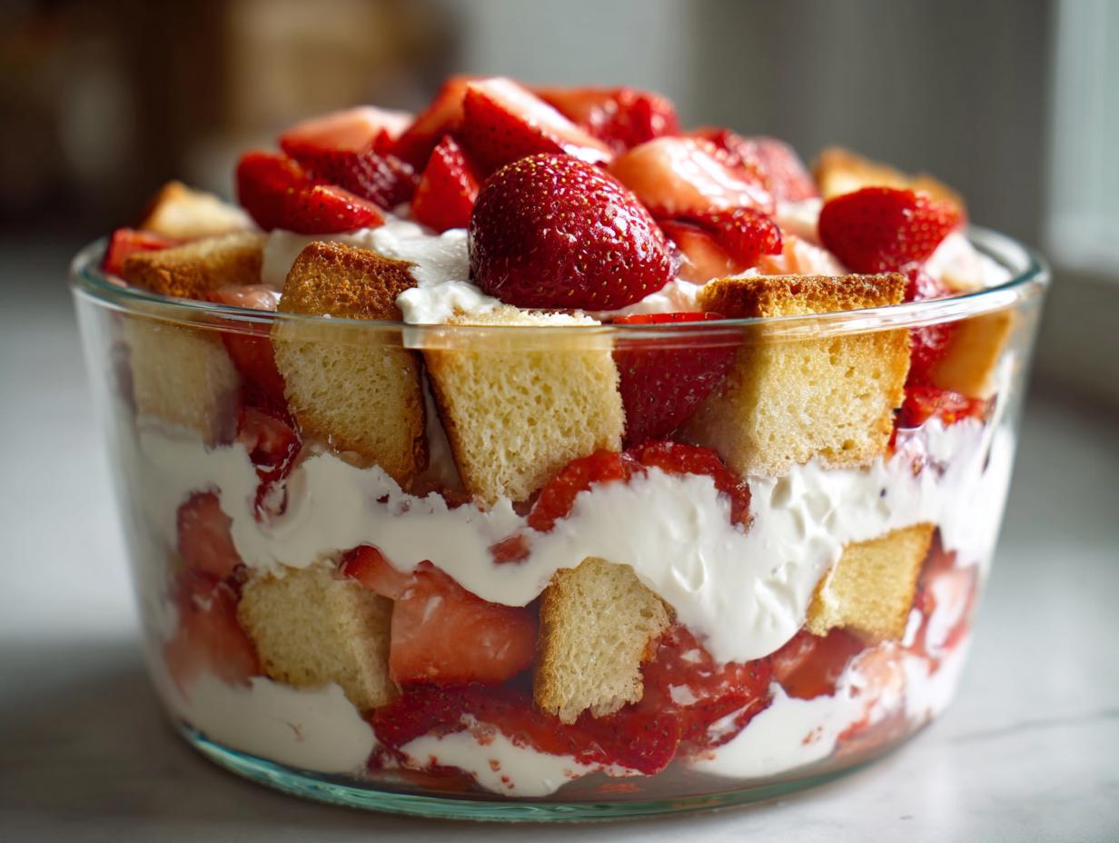 Close-up of a layered strawberry shortcake trifle featuring cake cubes, whipped cream, and fresh strawberries in a clear glass bowl.