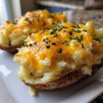 Close-up of a twice-baked potato casserole half, stuffed with creamy mashed potatoes, topped with melted cheddar cheese and chives.