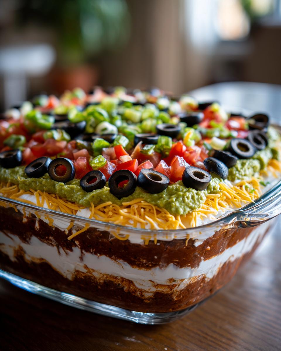 Close-up of a stunning 7 layer dip featuring visible layers of refried beans, sour cream, cheese, guacamole, tomatoes, olives, and green onions.
