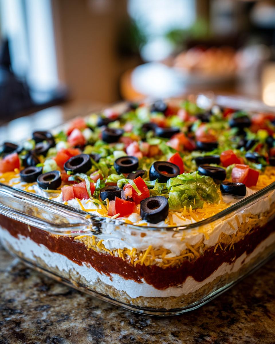 A close-up view of a vibrant 7 layer dip in a clear glass baking dish, topped with olives, tomatoes, and lettuce.