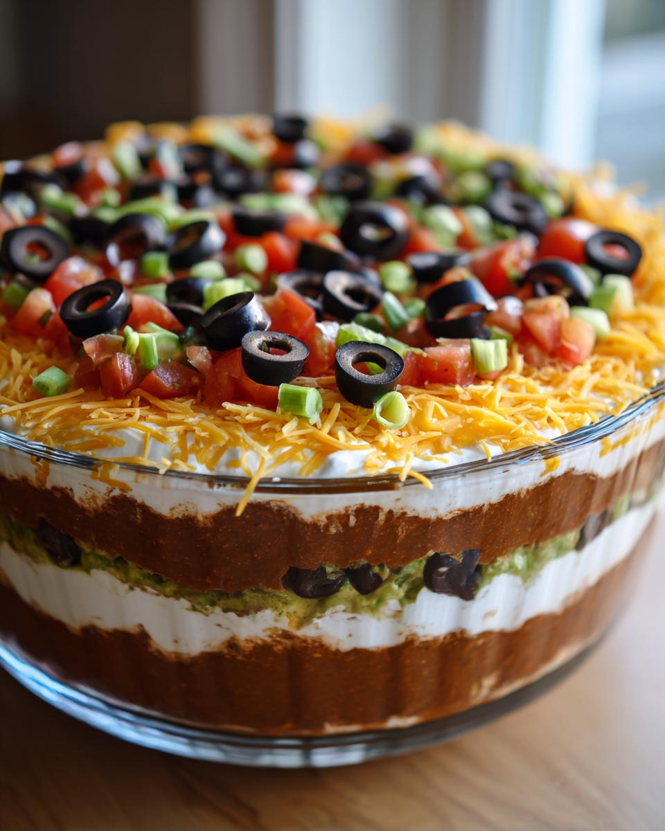 A stunning 7 layer dip featuring visible layers of bean dip, guacamole, sour cream, cheese, tomatoes, green onions, and black olives.