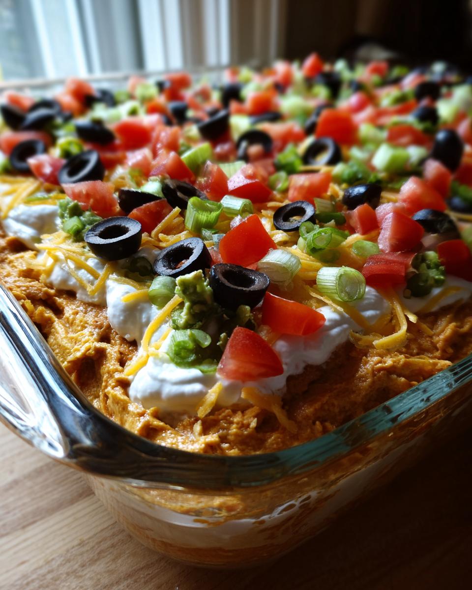 A close-up, slightly angled view of a vibrant 7 layer dip topped with sour cream, shredded cheese, tomatoes, olives, and green onions.