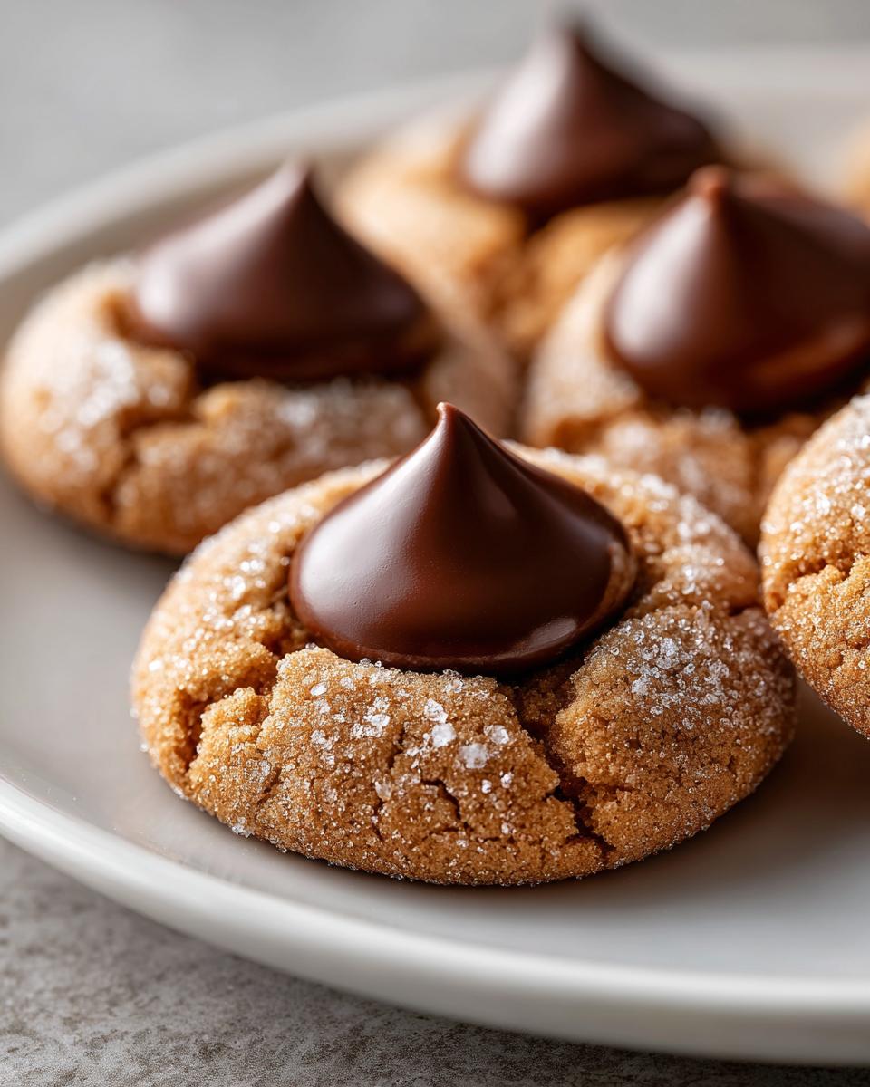 Close-up of freshly baked, sugar-coated kiss cookies, each topped with a melted chocolate kiss.