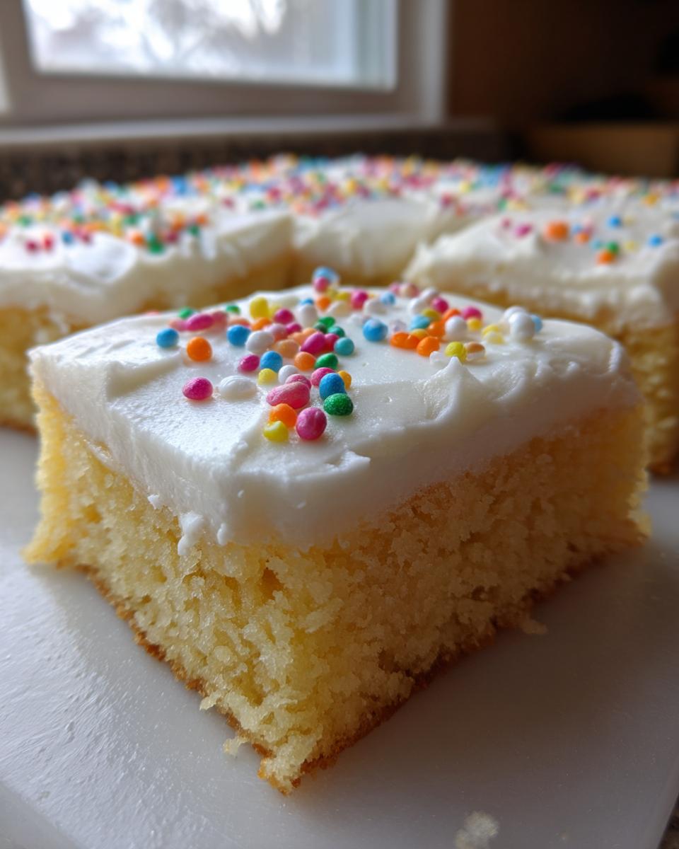 Close-up of a square slice of soft sugar cookie bars topped with white frosting and colorful sprinkles.