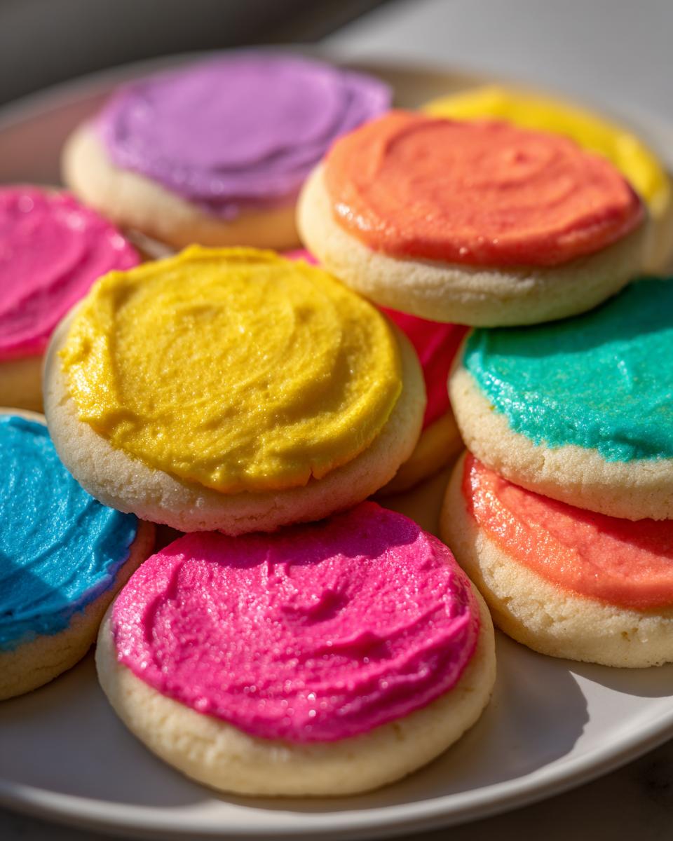 A pile of soft sugar cookies topped with brightly colored frosting, demonstrating sugar cookie icing that hardens.