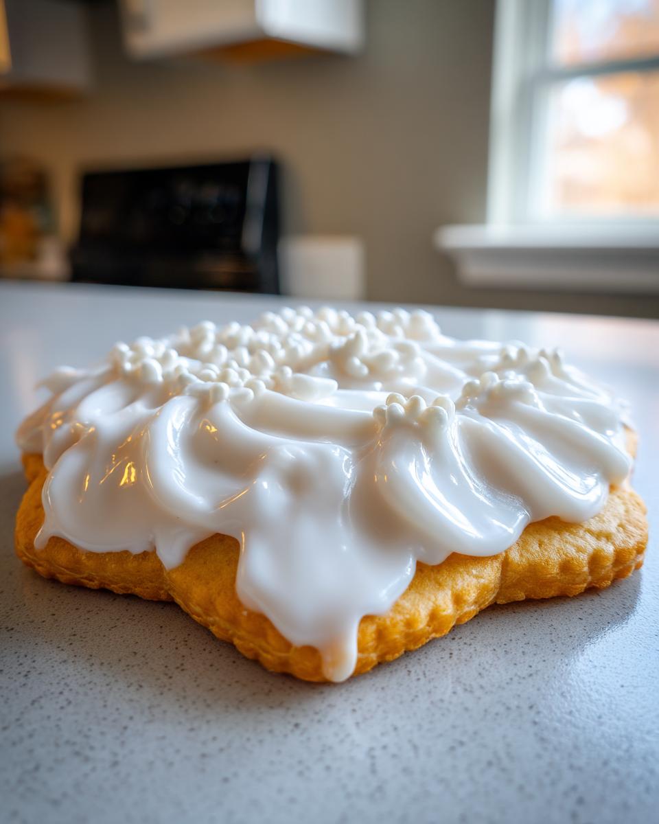A close-up of a golden sugar cookie topped with thick, glossy white sugar cookie icing and white nonpareils.