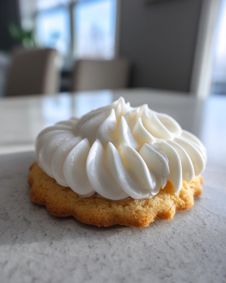 Close-up of a golden sugar cookie topped with a perfect, stiff swirl of white sugar cookie icing.