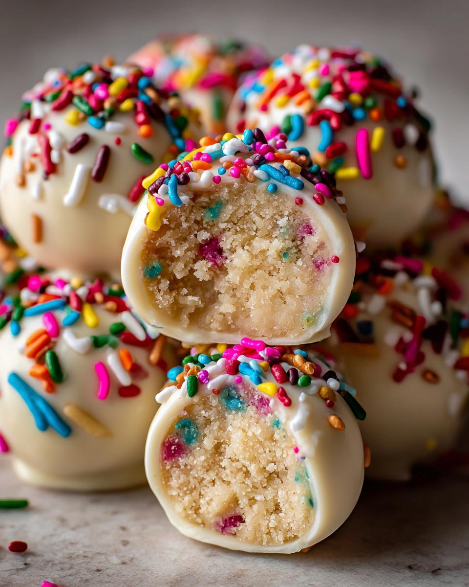 Close-up of white chocolate coated sugar cookie truffles, one cut in half showing the confetti-like interior.