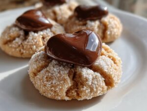 Close-up of a freshly baked, sugar-coated kiss cookie topped with a glossy, heart-shaped dollop of melted chocolate.