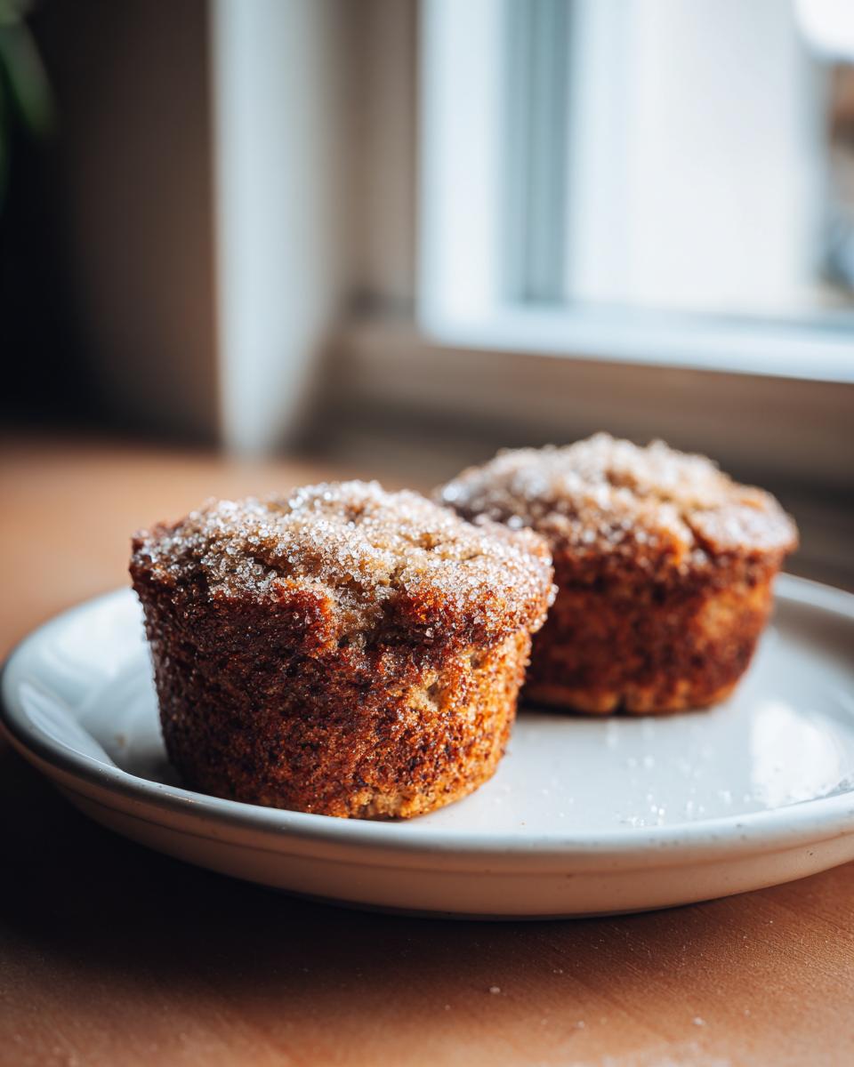 Close-up of two moist mini banana bread loaves topped with coarse sugar, sitting on a light plate.