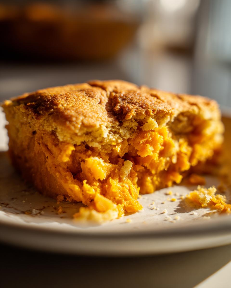 A close-up, cross-section view of a serving of sweet potato cobbler showing the bright orange, mashed sweet potato filling and golden crust.