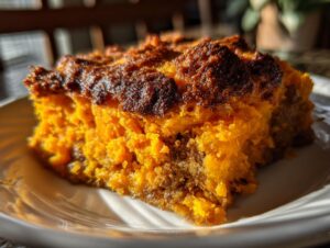 Close-up of a rich, orange slice of sweet potato cobbler with a dark, caramelized crust.