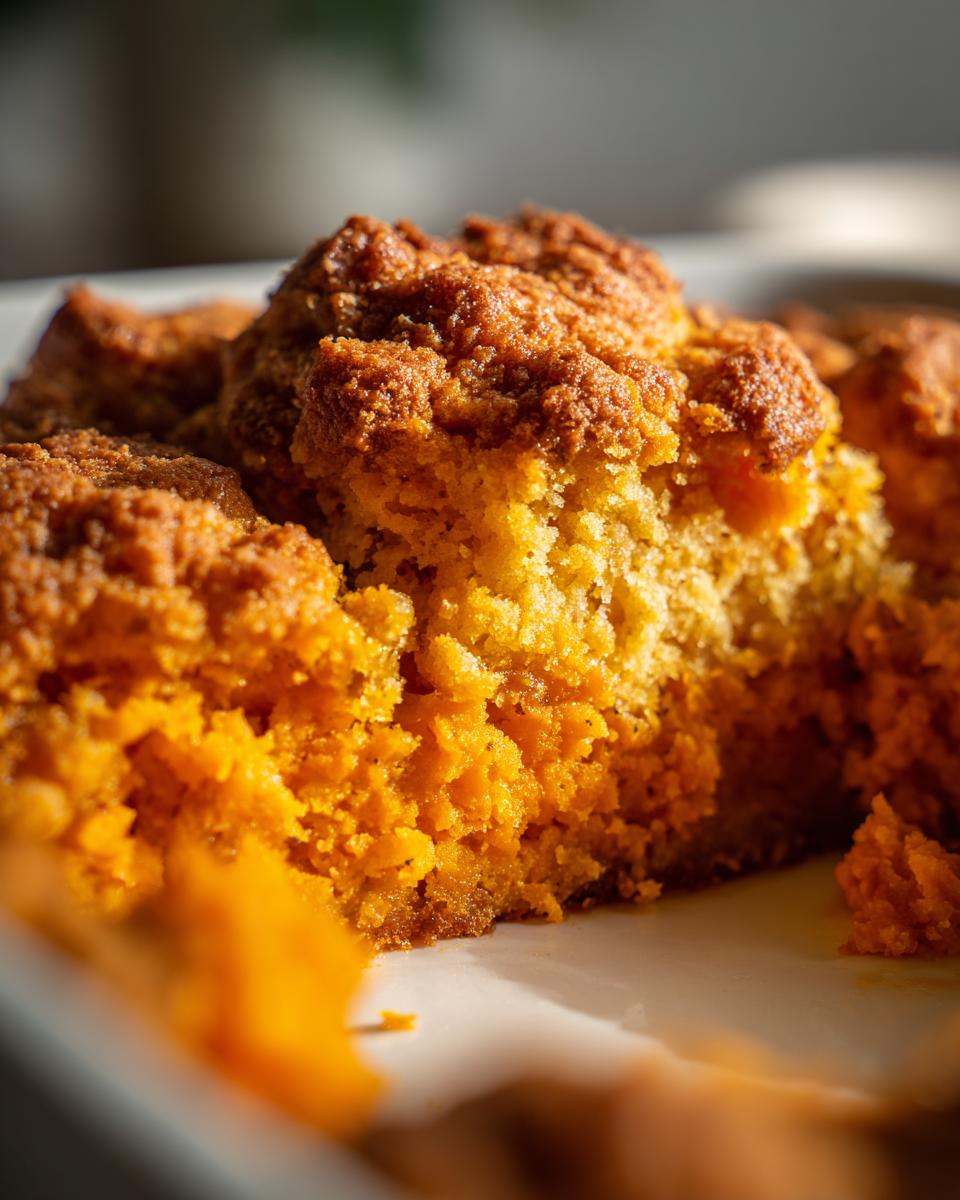 Extreme close-up of the bright orange, moist interior and crumbly brown topping of a sweet potato cobbler.