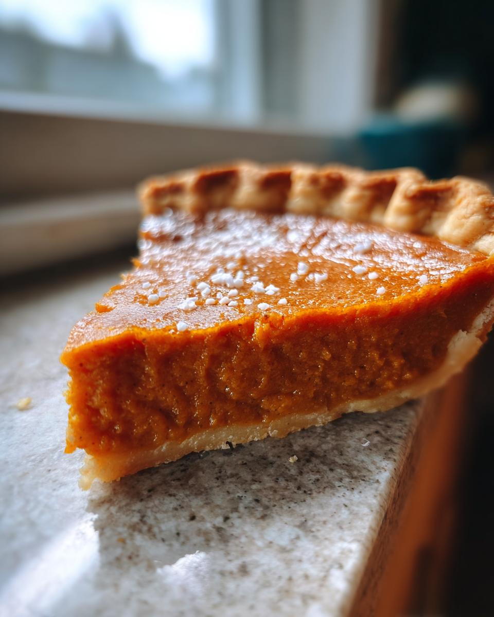 Close-up of a thick slice of bright orange sweet potato pie resting on a granite counter, dusted with white sugar.