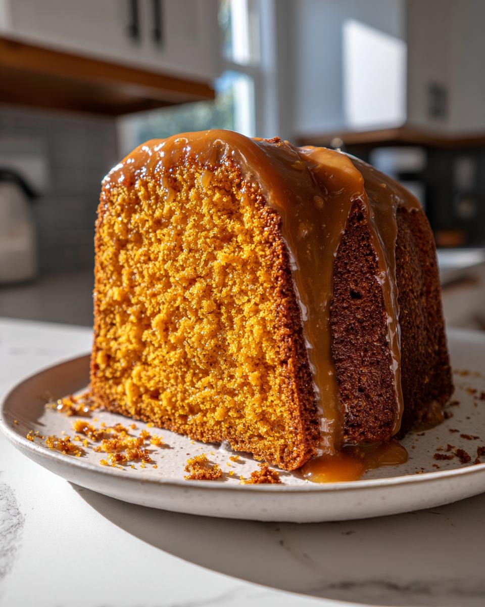 A slice of rich, orange-colored sweet potato pound cake topped with thick caramel sauce, resting on a plate.