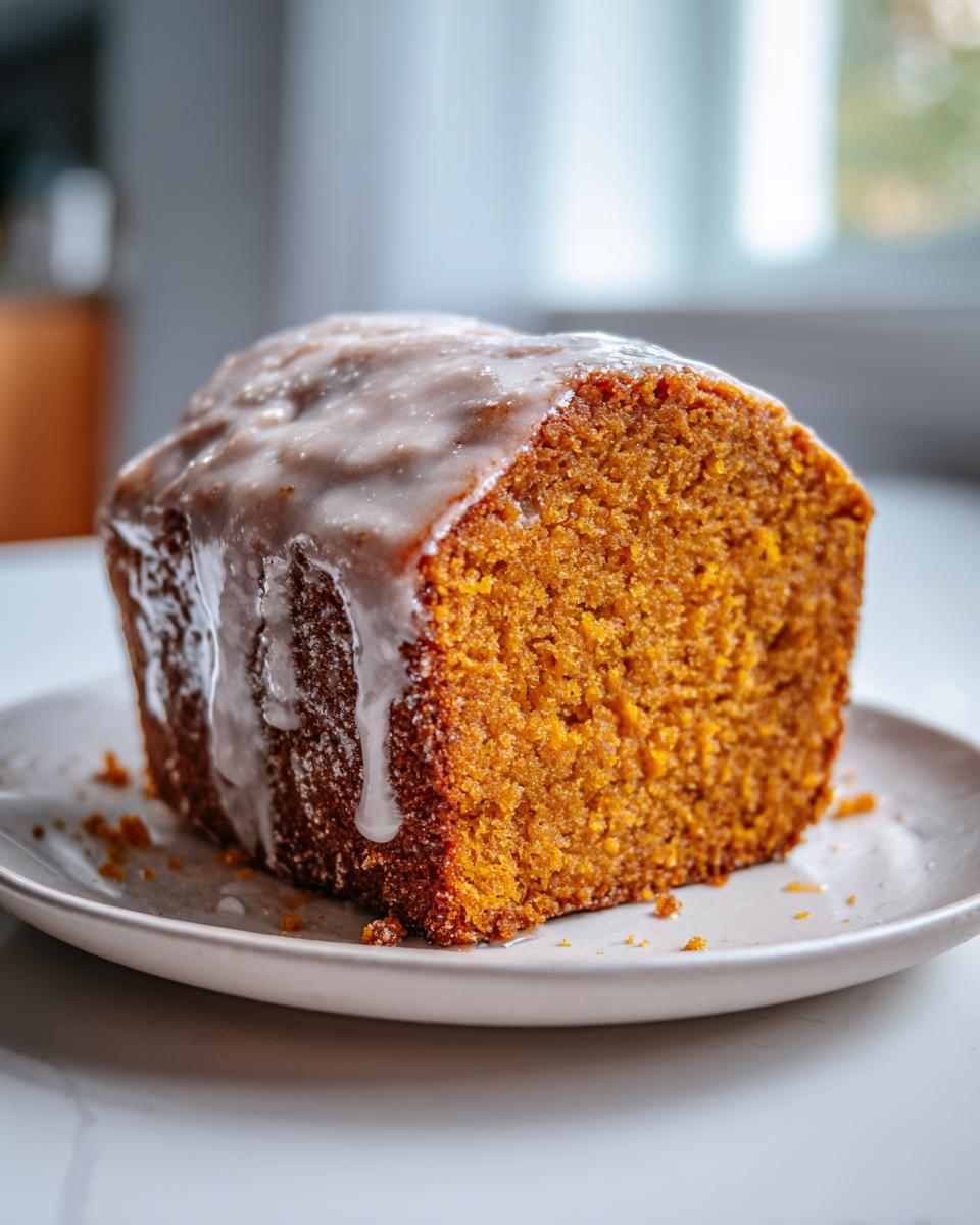 A close-up of a slice of moist sweet potato pound cake topped with a thick, white glaze dripping down the sides.