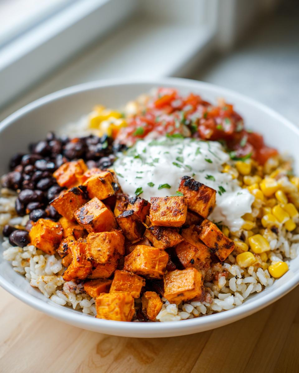 A close-up of a vibrant sweet potato taco bowl featuring roasted sweet potato cubes, black beans, corn, rice, salsa, and sour cream.