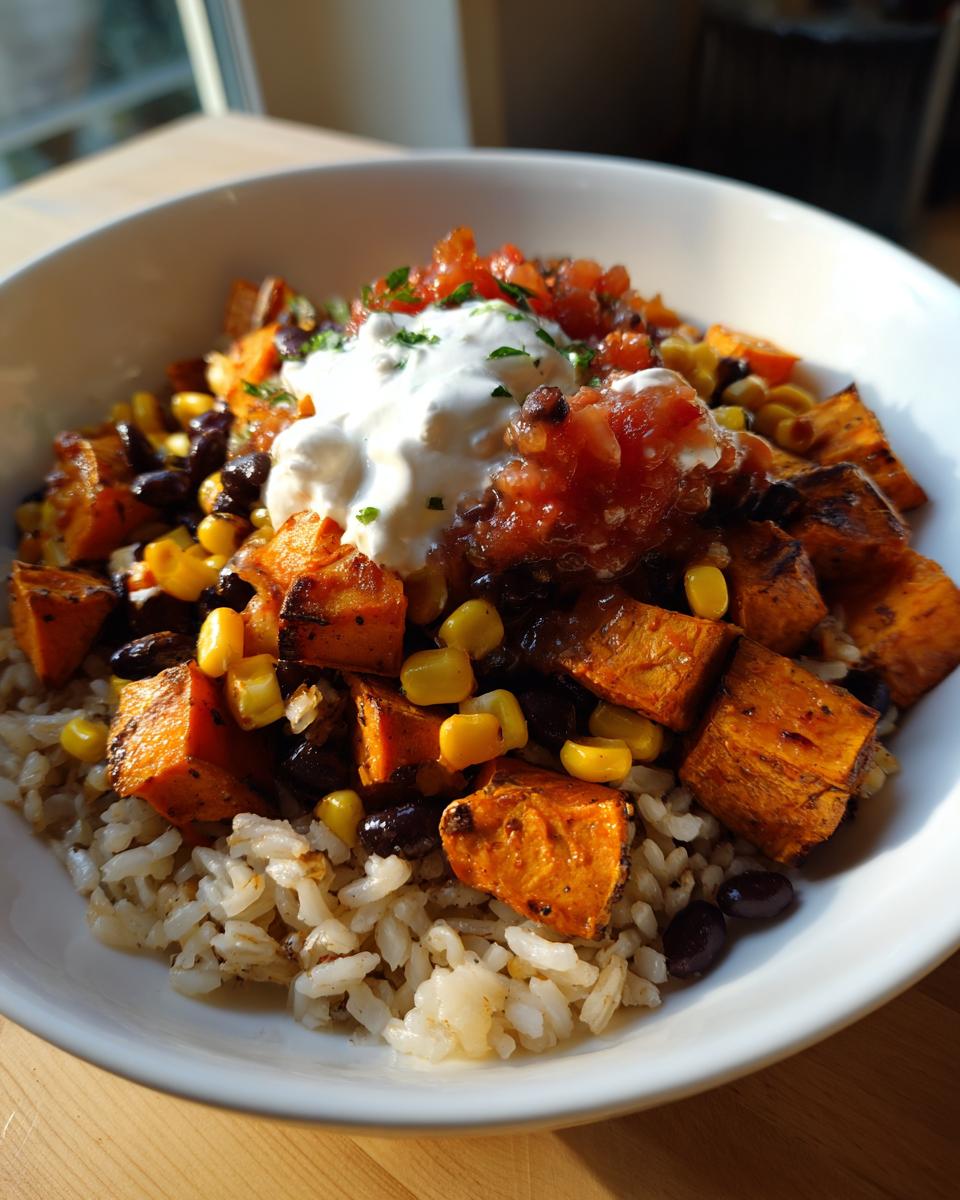 A close-up of a vibrant sweet potato taco bowl featuring roasted sweet potatoes, black beans, corn, and rice, topped with sour cream and salsa.