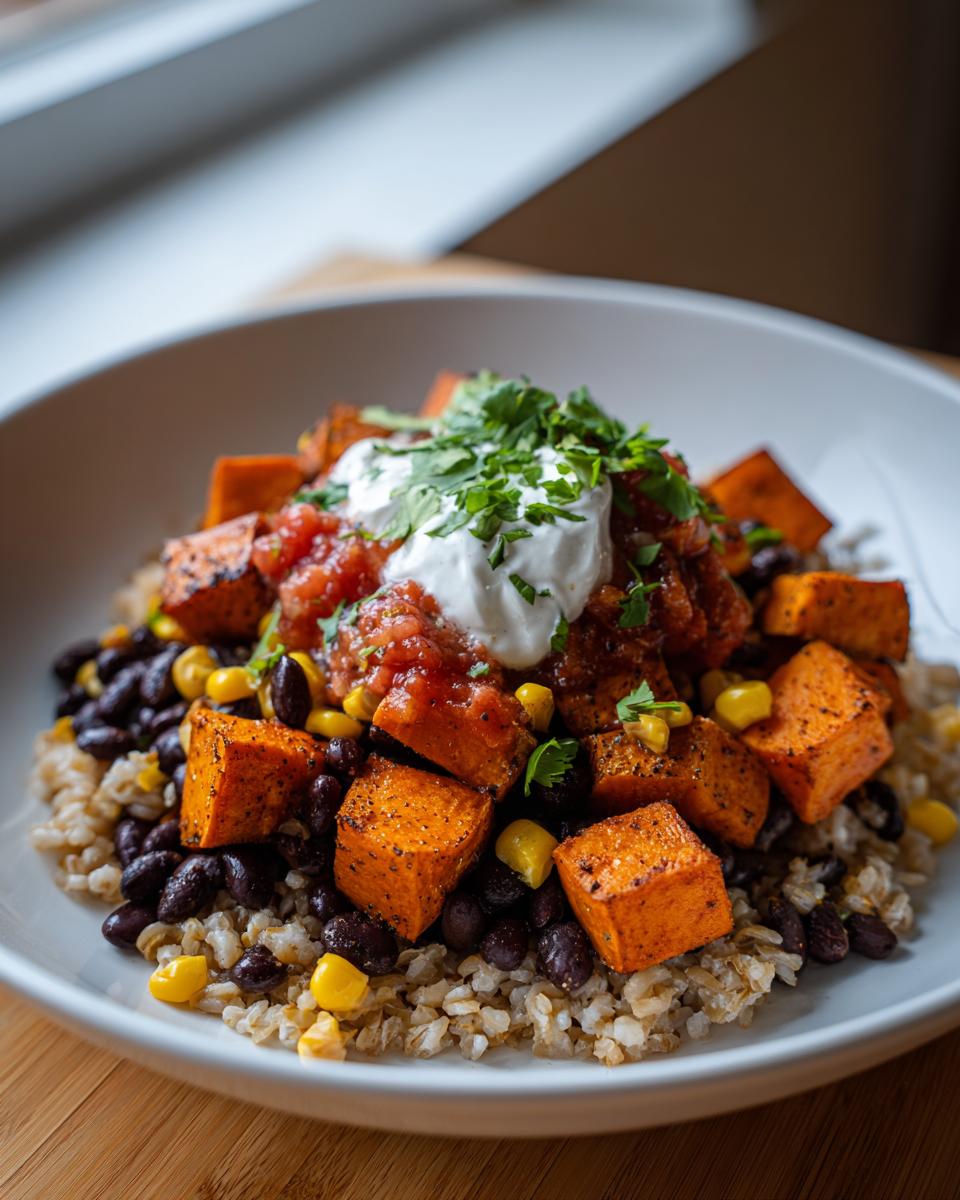 A vibrant close-up of a sweet potato taco bowl featuring brown rice, black beans, roasted sweet potatoes, salsa, and sour cream.