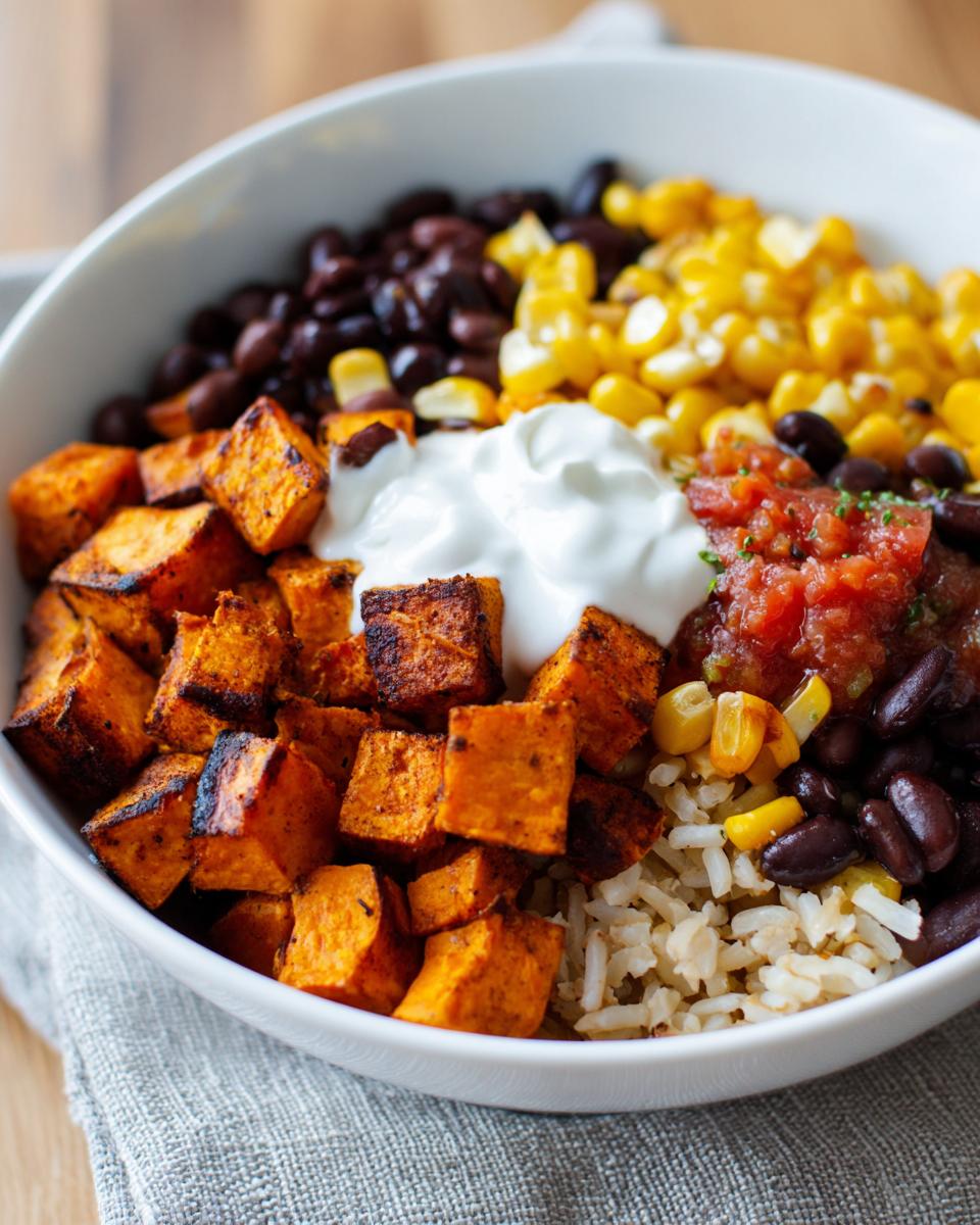 Close-up of a vibrant sweet potato taco bowl featuring roasted sweet potato cubes, black beans, corn, rice, salsa, and sour cream.