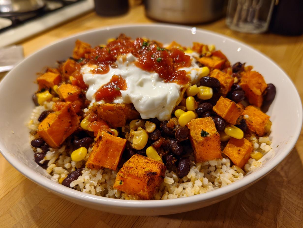 A vibrant sweet potato taco bowl featuring seasoned sweet potato cubes, black beans, corn, rice, topped with sour cream and salsa.