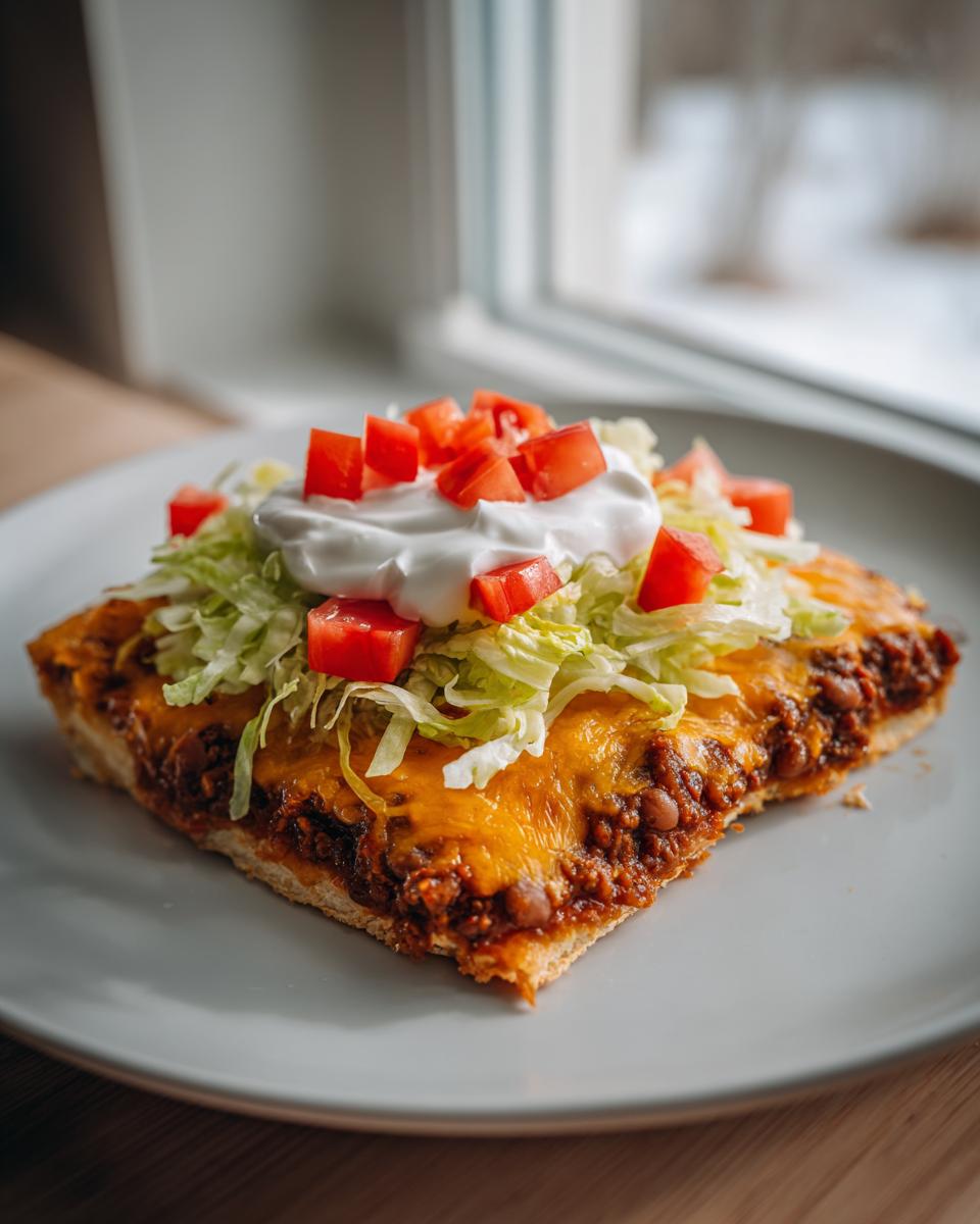 A close-up of a slice of taco pizza topped with seasoned beef, melted cheese, shredded lettuce, tomatoes, and sour cream.