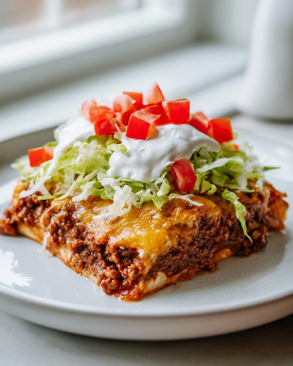 A generous slice of taco pizza featuring seasoned ground beef, melted cheese, shredded lettuce, sour cream, and diced tomatoes.