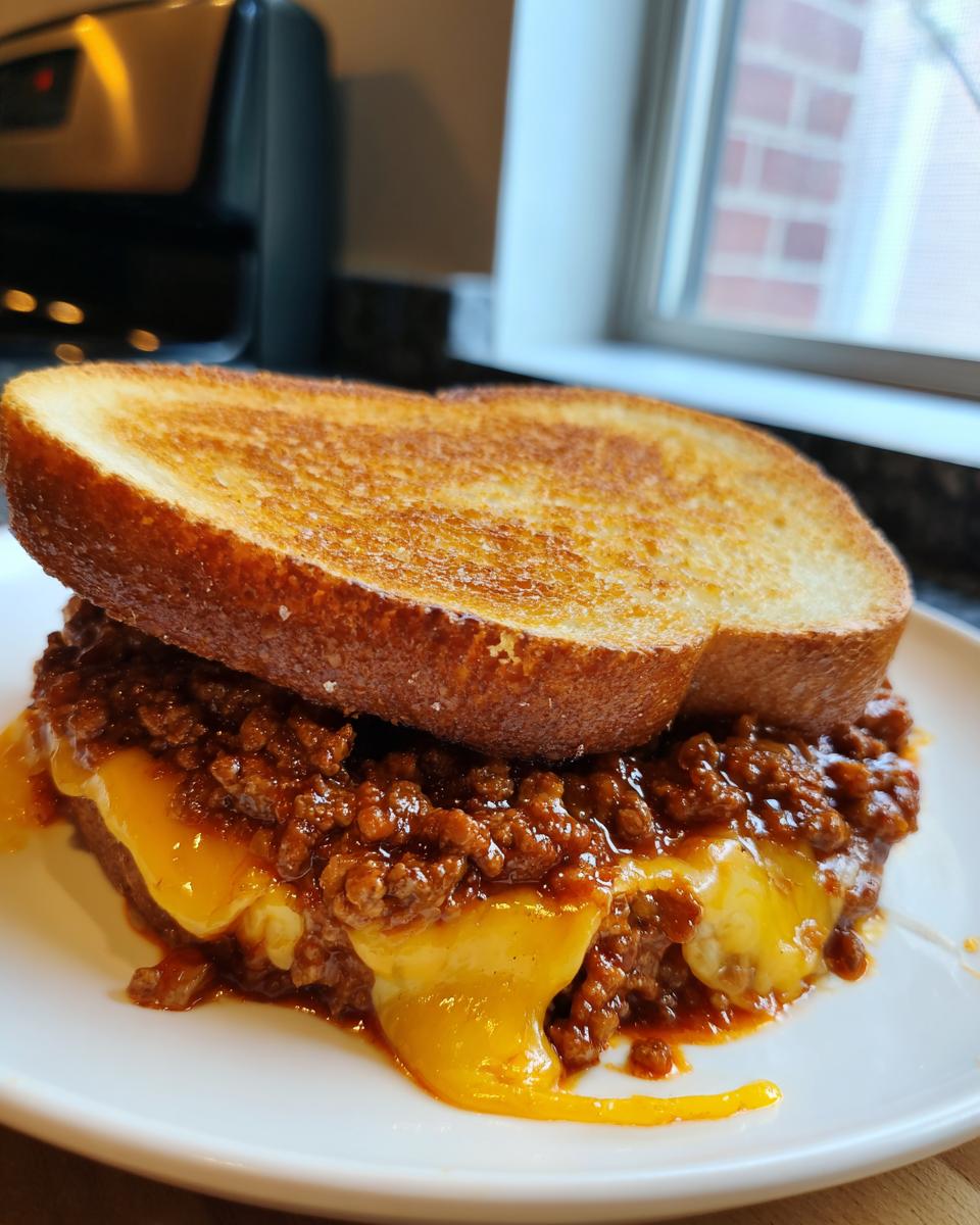 Close-up of a hearty texas toast sloppy joes sandwich with melted cheddar cheese oozing out.