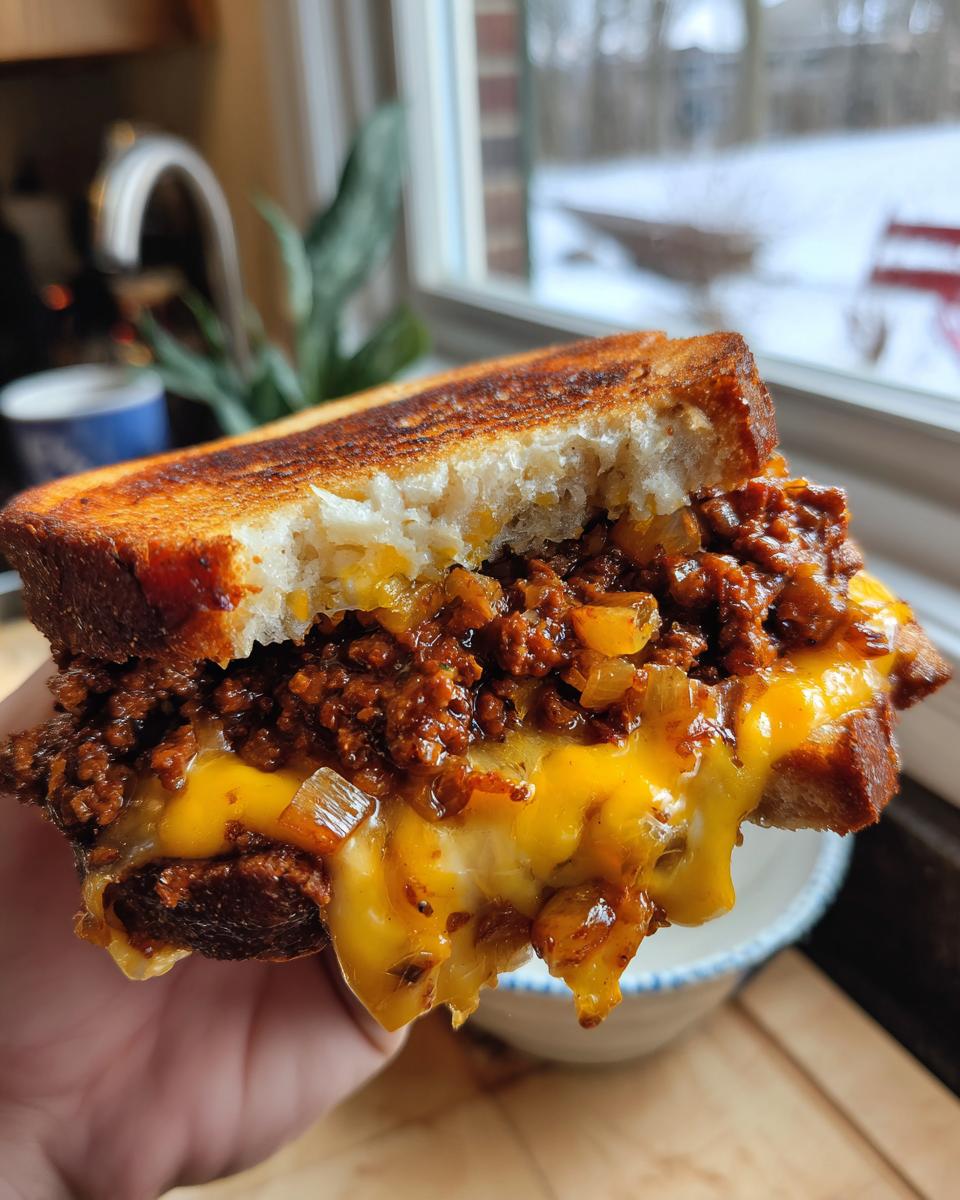 Close-up of a half-eaten texas toast sloppy joes sandwich dripping with melted cheddar cheese and savory meat filling.