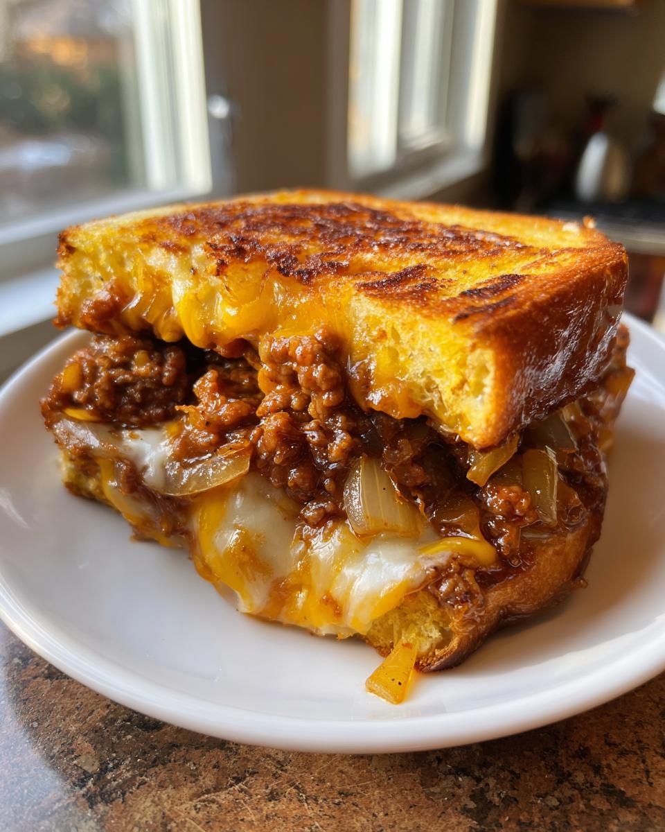 A close-up of a hearty texas toast sloppy joes sandwich overflowing with savory meat sauce, onions, and melted cheese on grilled bread.