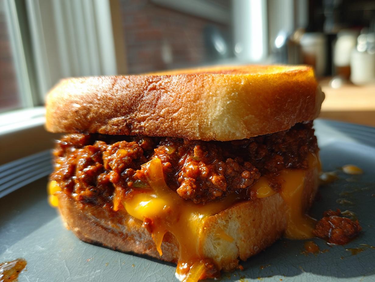 Close-up of a hearty texas toast sloppy joes sandwich with melted cheddar cheese oozing out.