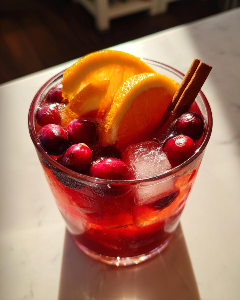 Close-up of a glass filled with vibrant red thanksgiving punch, garnished with fresh cranberries, orange slices, and a cinnamon stick.