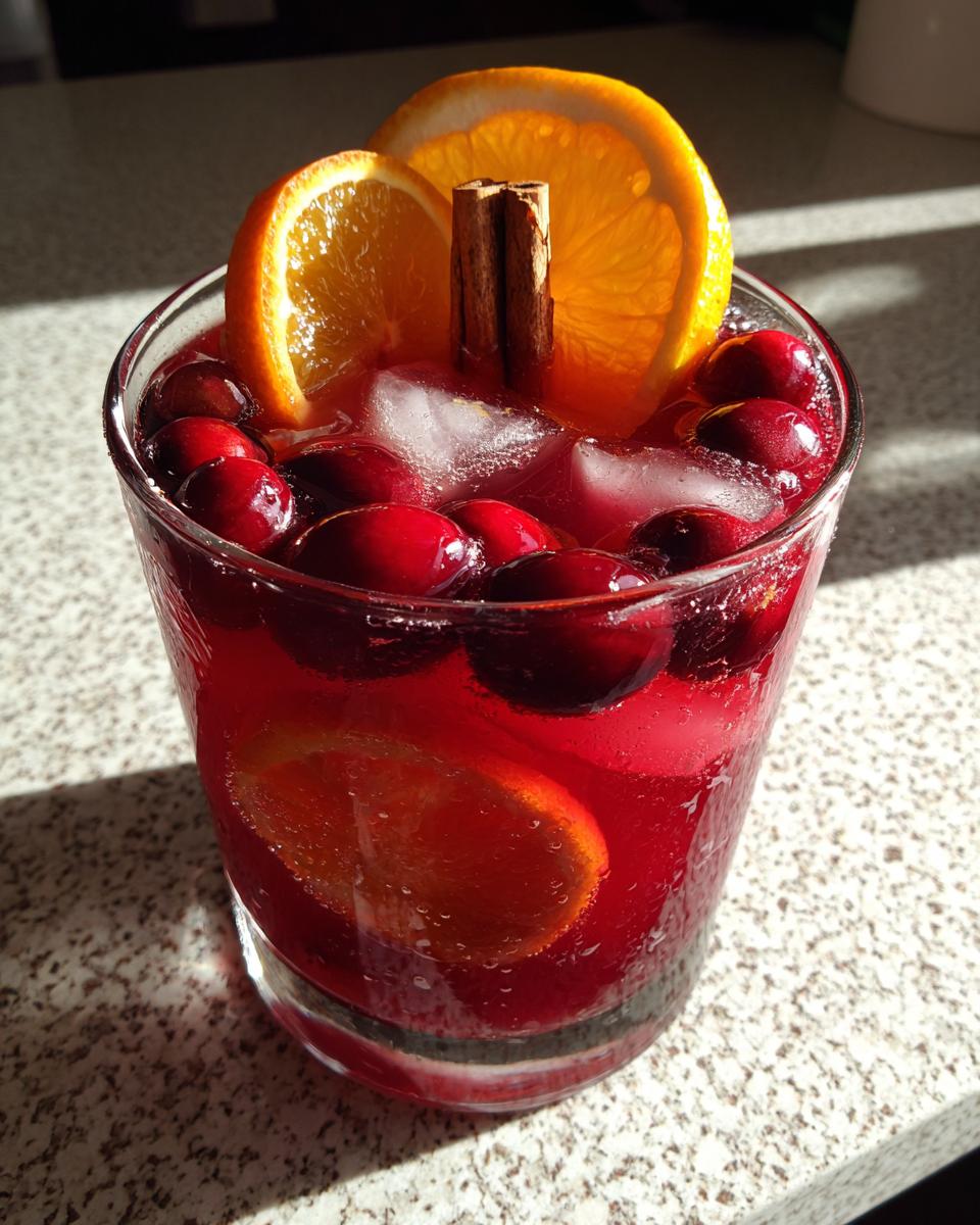 Close-up of a glass filled with bright red thanksgiving punch, garnished with fresh cranberries, orange slices, and a cinnamon stick.