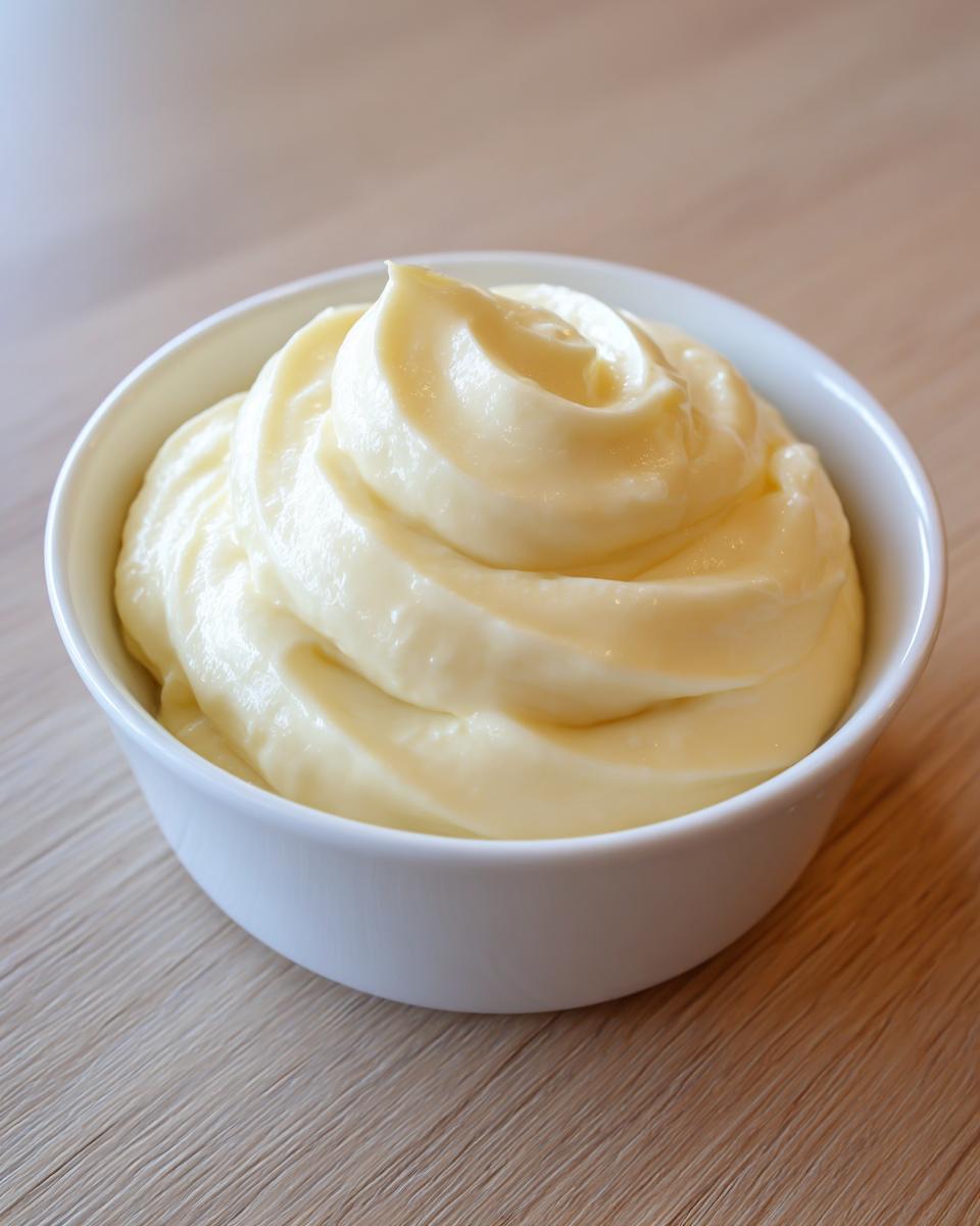 A close-up of thick, creamy homemade mayonnaise swirled perfectly in a small white bowl.