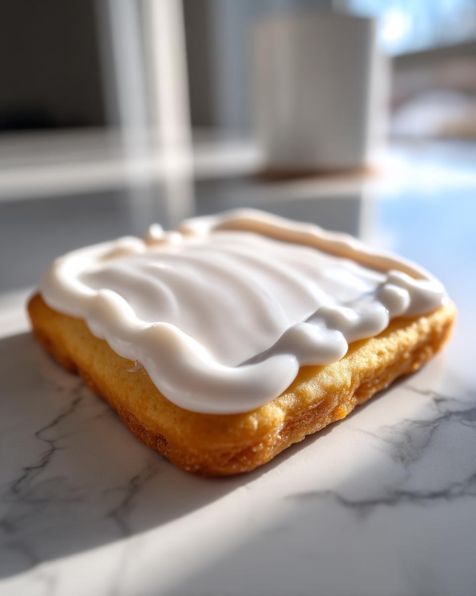 Close-up of a golden baked good topped with thick, glossy white sugar cookie icing, set on a marble surface.