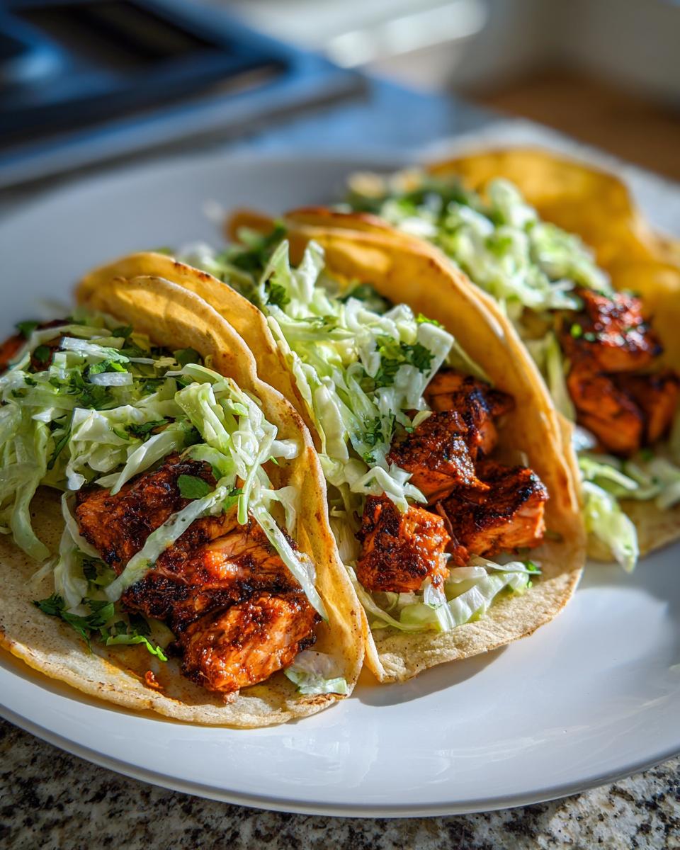 Close-up of three soft shell salmon tacos filled with blackened salmon chunks and shredded cabbage slaw.