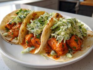Three flavorful salmon tacos filled with orange-marinated salmon chunks and topped with creamy coleslaw.