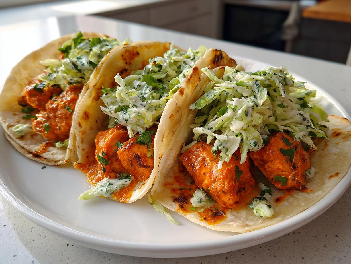 Three flavorful salmon tacos filled with orange-marinated salmon chunks and topped with creamy coleslaw.