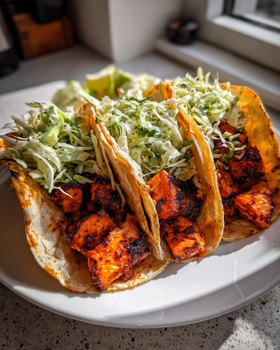 Three charred, seasoned salmon tacos topped with fresh, shredded cabbage slaw, ready to eat.