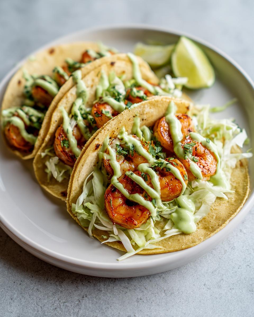 Three fully loaded shrimp taco shells filled with shredded cabbage, grilled shrimp, and drizzled with a creamy green sauce.